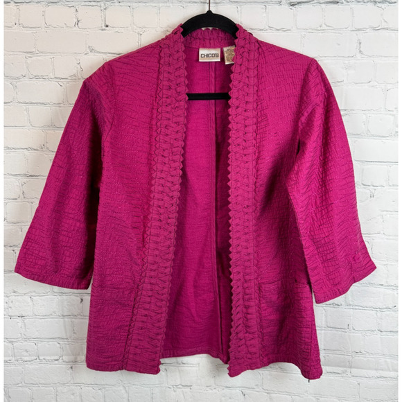 CHICO'S fuchsia pink embroidered 3/4 sleeve unlined blazer jacket size 0 (S) - Picture 1 of 8